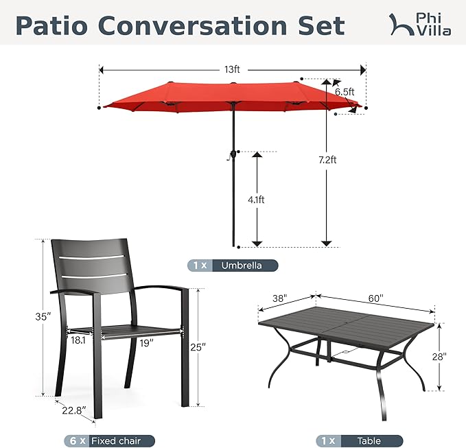 PHI VILLA 7 Pieces Outdoor Dining Set with Umbrella for 6, 60" Rectangular Metal Table & Stacking Wrought Iron Chairs & 13ft Red Umbrella, Outside Large Furniture for Patio, Deck, Porch, Backyard