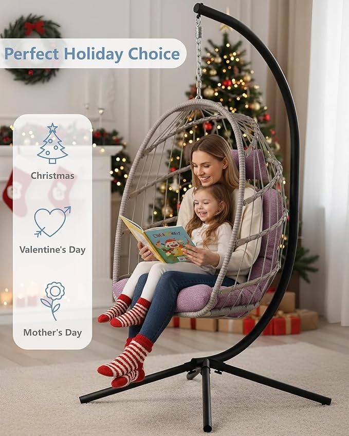 SWITTE Egg Chair Outdoor with Stand, Indoor Wicker Hanging Egg Swing Chair with Cushion, 350lbs Capacity for Patio, Bedroom, Garden - Pink