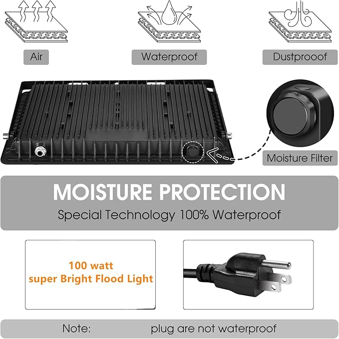 3 Pack 100W Led Flood Lights Outdoor,Super Bright 11600LM Security Lights with Plug,Exterior IP66 Waterproof 5000K Daylight White FloodLight for Basketball Court, Yard, Garden, Playground