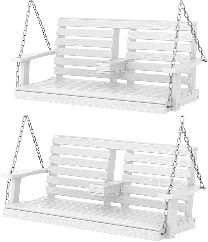 KINGYES Outdoor Hanging Porch Swing Set of 2, Waterproof Swing with Cup Holders for Courtyard & Garden, 660LBS Weight Capacity, White