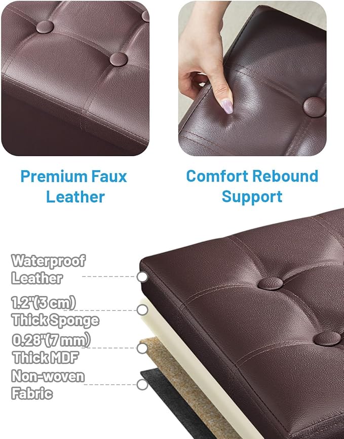 AmasSmile 2PC Storage Ottoman Folding Foot Rest Stool with Side Pocket, 16 inch Leather Footstool Bench, Short Ottoman Bench, Storage Foot Rest Store, Books, Brown
