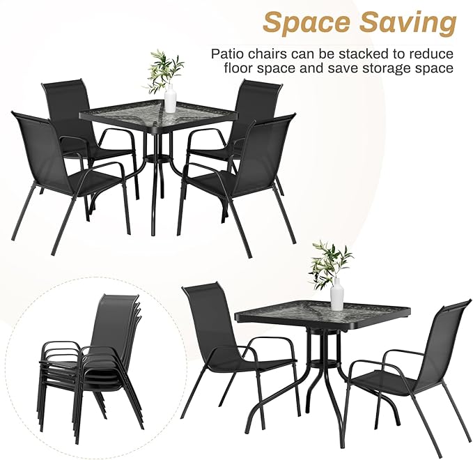 Arlopu 5 Piece Outdoor Patio Dining Set (Umbrella not Included), Porch Furniture with 4 Textline Chairs, 1 Square Glass Table for Garden, Backyard and Poolside, Lawn (Black)