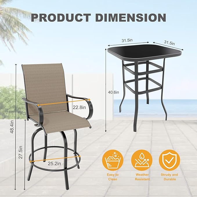 5 Piece Outdoor High Top Bar Set, 5 Pieces Outdoor Swivel Bar Set with 4 Swivel Chairs and Glass Top Table, All Weather Textile Fabric Outdoor Bar Height Chairs and Table Set of 5 for Deck, Backyard