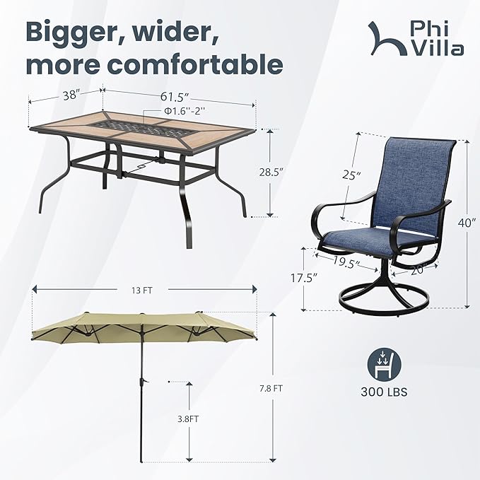 PHI VILLA Patio Dining Set with Umbrella for 6 Person, Outdoor Swivel Dining Chairs & 1 Large Wooden-Like Top Table with 13ft Beige Outdoor Umbrella(No Base) for Deck Lawn Garden Backyard