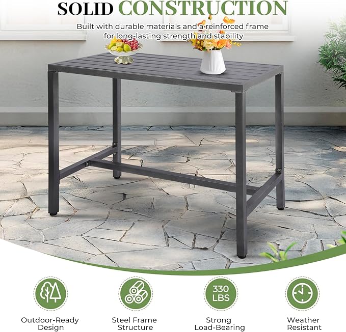 Outdoor Patio Counter Height Bar Table, 47" Rectangle for Patio, Garden, Yard, Balcony, Poolside (Grey, 47'')
