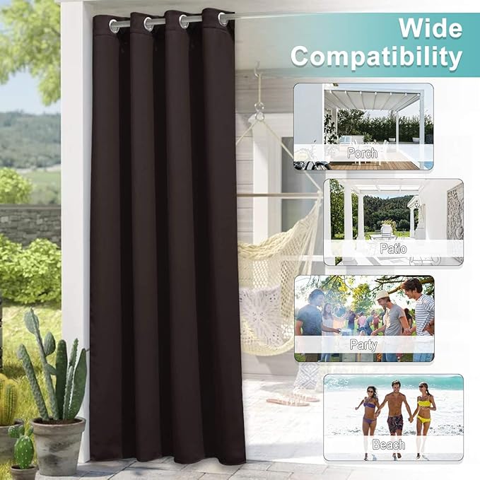 NICETOWN 2 Panels Brown Outdoor Curtains for Patio Waterproof 84 inches Long, Rustproof Grommet Blackout Indoor Outdoor Thermal Insulated Vertical Drapes for Gazebo & Deck, W52 x L84