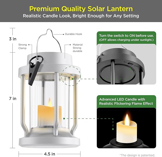 Solar Lantern Outdoor & Indoor Use – Hanging Solar Lights with Realistic Flickering Flameless Candle, Weatherproof for Gardens, Patios, Trees, and Lawns (White, 4 Pack)
