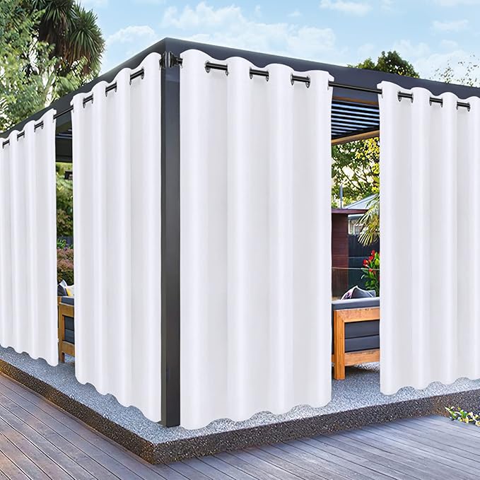 PureFit Outdoor Curtains for Patio Waterproof Weatherproof, UV Resistant Outside Curtains for Gazebo, Front Porch, Pergola, Sun Blocking Privacy Curtain, 52W x 95L inch, Set of 2, White