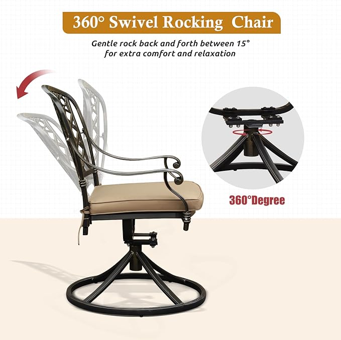 5-Piece Cast Aluminum Outdoor Patio Dining Set, All Weather Cast Aluminum Outdoor Furniture Dining Set for Patio, Balcony, Garden, Backyard w/4 Swivel Chairs & Cushions, 2.0" Umbrella Hole