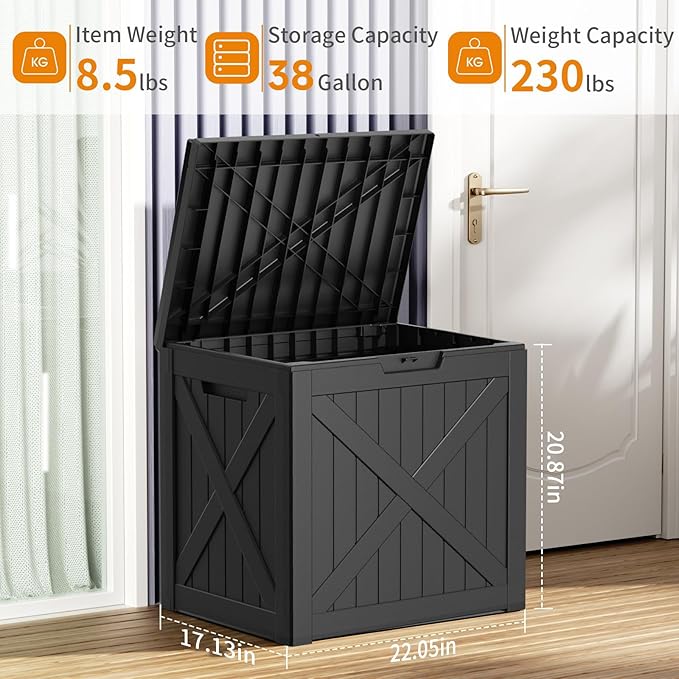 ROJIK Outdoor Storage Housing Deck Box - Waterproof Patio Furniture, Garden Tools, Cushions, Pool Accessories Storage Bench with Lockable Lid and Side Handles (Black 38 Gal)