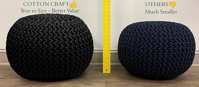 COTTON CRAFT - Hand Knitted Cable Style Dori Pouf - Yellow - Floor Ottoman - Cotton Braid Cord - Handmade & Hand Stitched - Truly one of a Kind Seating - 20 Dia x 14 High