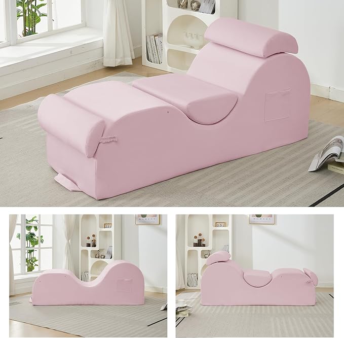 ijuicy Sleek Chaise Lounge Chair for Exercise, Indoor Lounger with Headrest, Waist Cushion, Movable Footrest, Side Pockets, Non-Slip Bottom, High Density Sponge, Pink