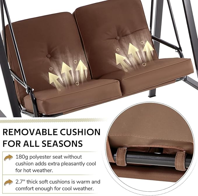 AECOJOY 2-Seat Outdoor Patio Swing Chair with Cover, Porch Swings Chairs for Adult, Outside Swing Bench with Adjustable Canopy&Removable Cushion, Brown