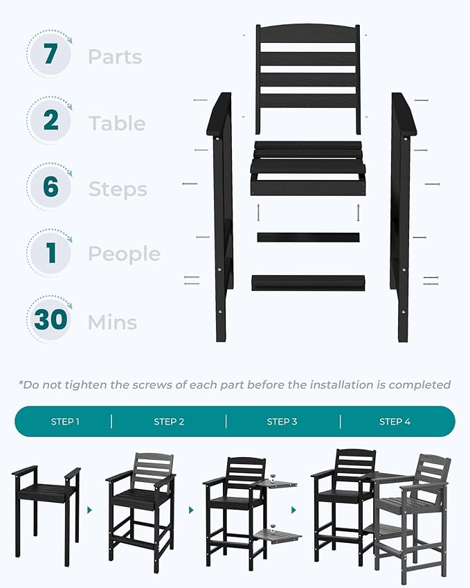 SERWALL Tall Adirondack Chairs Set of 2 with Connecting Table, All Weather Outdoor Barstools, Black
