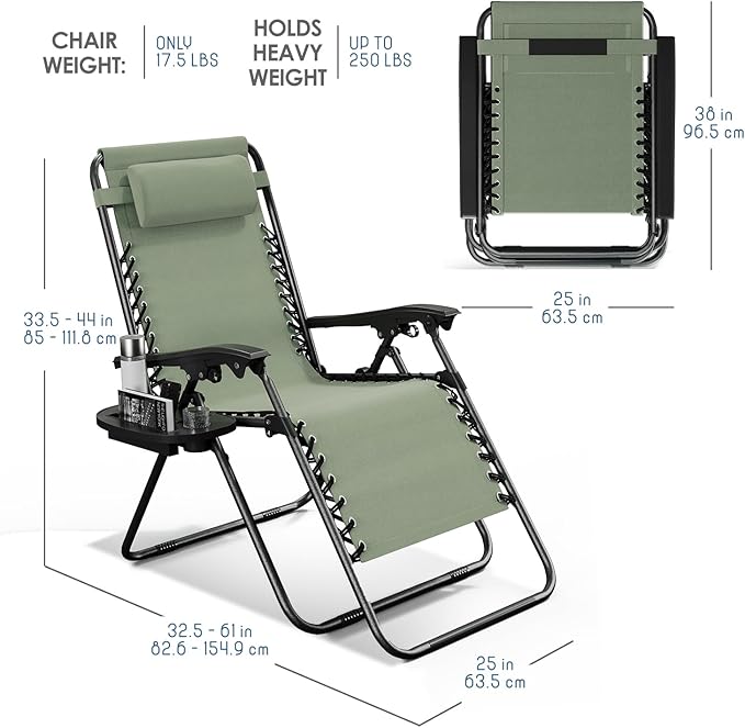 Nestl Zero Gravity Chairs Set of 4, Patio Lounge Chair Outdoor with Pillows & Cup Holder Trays, Adjustable Steel Mesh Reclining Camping Chair, Folding Patio Lawn Chair for Deck, Beach - Sage Green