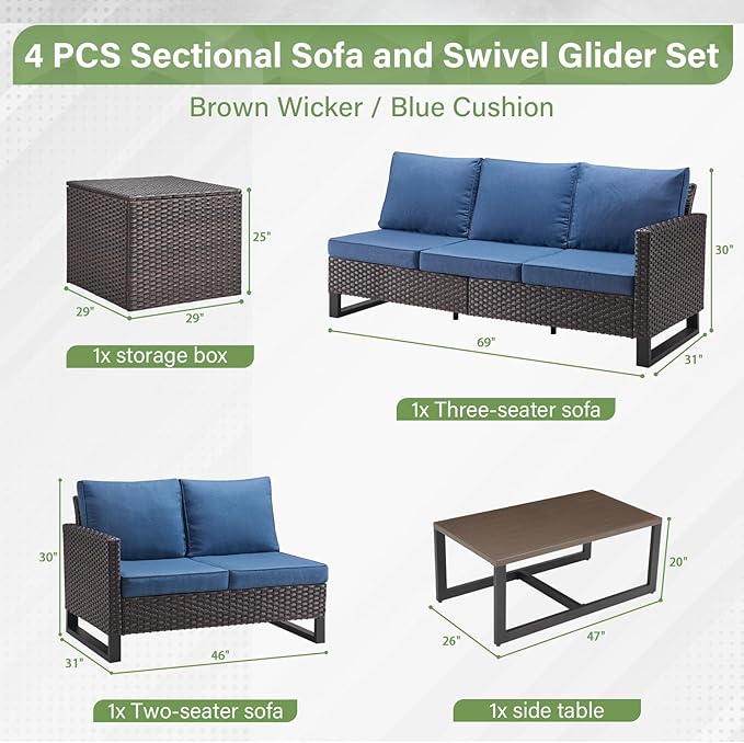 Belord 5-Seater Patio Conversation Set - 4 Piece Outdoor Sectional Furniture Set with Large Storage Box and Coffee Table Outdoor Patio Furniture Set for Garden Poolside Backyard Brown
