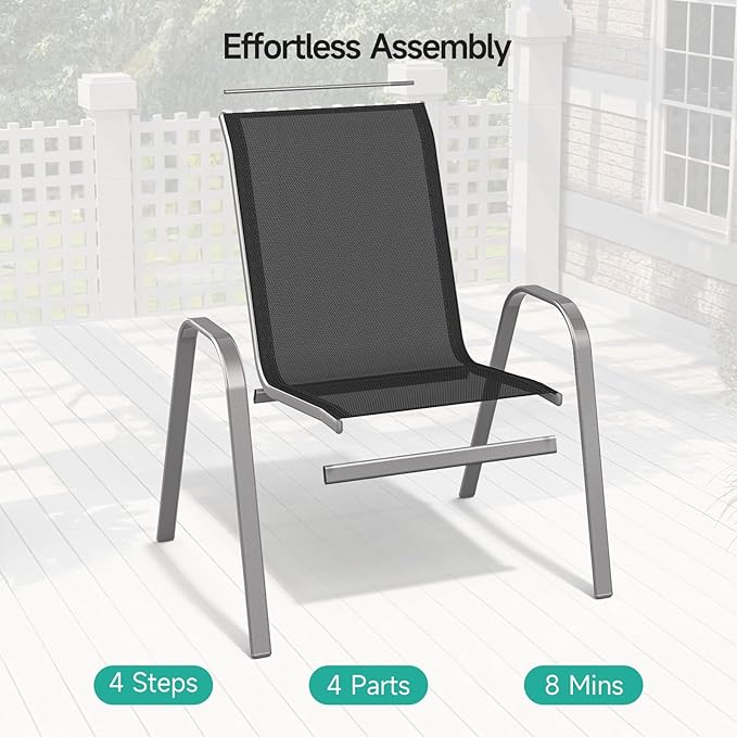 Patio Chairs Set of 4, Easily Set Up Stackable Outdoor Dining Chairs with High Back and Wide Seat, All Weather Breathable Outdoor Chairs Set of 4 with Metal Frame for Backyard Deck Pool, Black