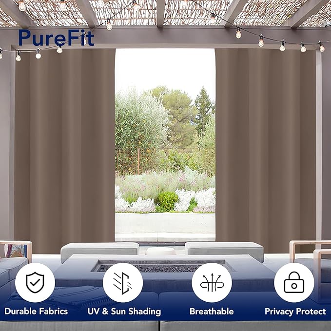 PureFit Outdoor Curtains for Patio Waterproof Weatherproof, UV Resistant Outside Curtains for Gazebo, Front Porch, Pergola, Sun Blocking Privacy Curtain, 52W x 95L inch, 1 Panel, Camel