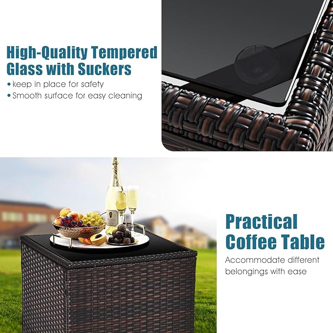 Tangkula 3 Pieces Patio Furniture Set, PE Rattan Wicker 3 Pcs Outdoor Sofa Set w/Washable Cushion and Tempered Glass Tabletop, Conversation Furniture for Garden Poolside Balcony (Prussian Blue)