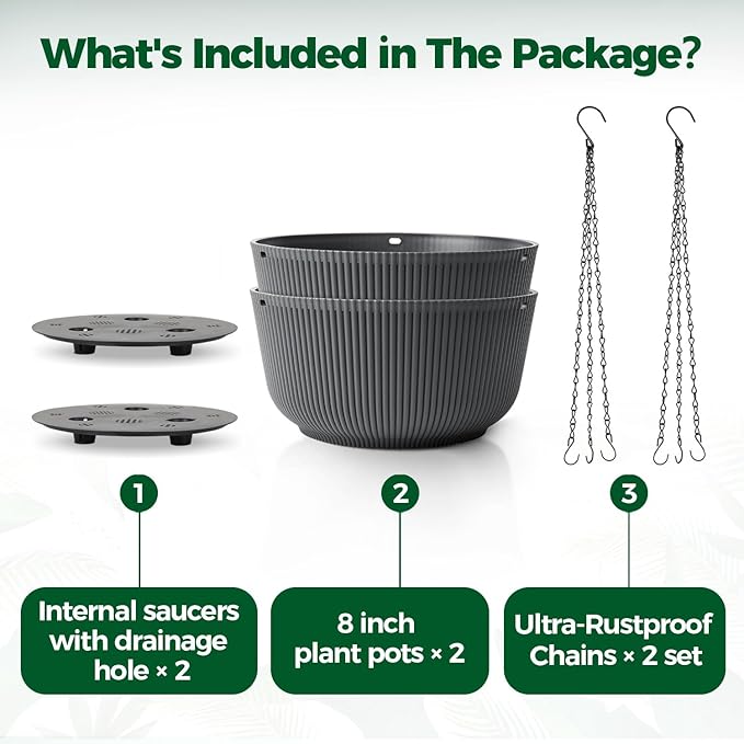 T4U 8 Inch Hanging Planters for Indoor Outdoor Plants, Self Watering Hanging Pot Pack of 2, Hanging Pots with Drainage Hole & Plug & Chain with 3 Hooks for Garden Home Decor, Grey