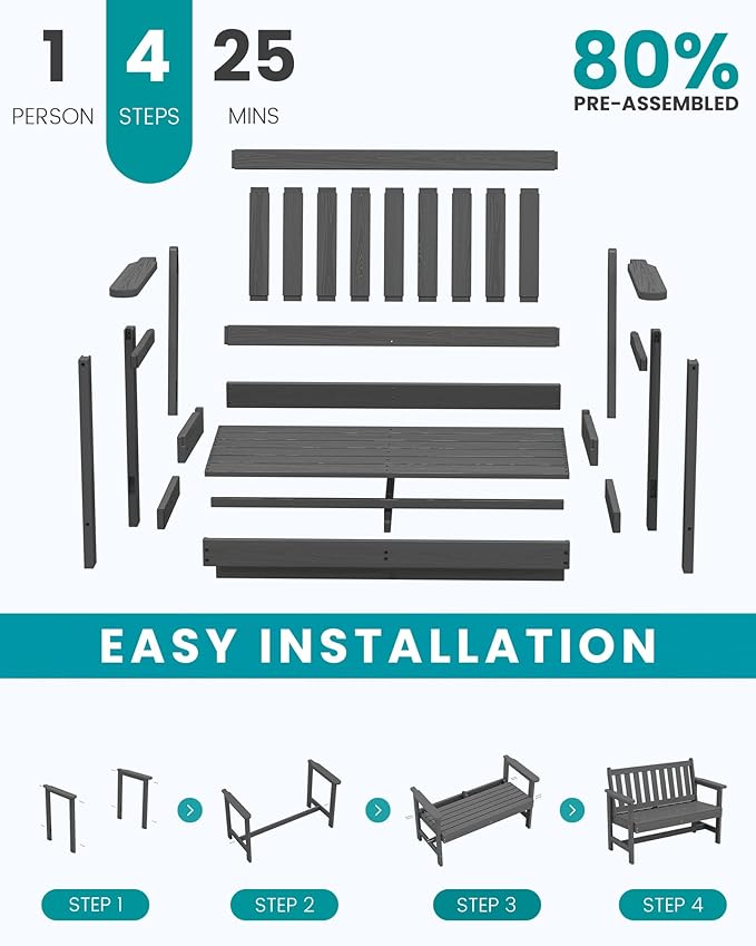SERWALL Outdoor Bench, HDPE Outdoor Benches Weatherproof, 2-Person Garden Bench with 660 lbs Weight Capacity, Patio Benches for Outdoors, Garden, Porch, Backyard and Park, Grey, 6 Pack