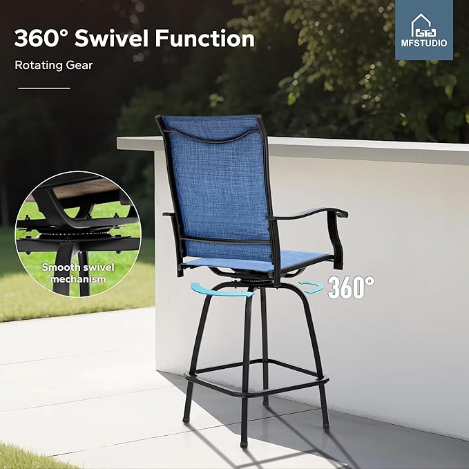 MFSTUDIO Outdoor Bar Stools Set of 6, Swivel Bar Height Patio Chairs Outdoor Barstools High Top Patio Swivel Bar Chairs, Breathable Textilene, Navy Blue