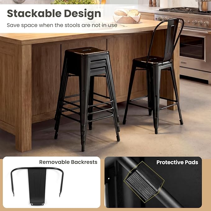 COSTWAY 24'' Metal Bar stools Set of 4, with Removable Back, Counter Height Stools with Rubber Feet, Stylish and Modern Chairs, for Kitchen, Dining Rooms, and Side Bar (Black-Update, 24'')