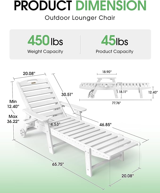 Lounge Chair Outdoor Set of 4 with Wheels, Adjustable 5-Position Chaise Lounge Outdoor, Patio Lounge Chair for Poolside Backyard, White