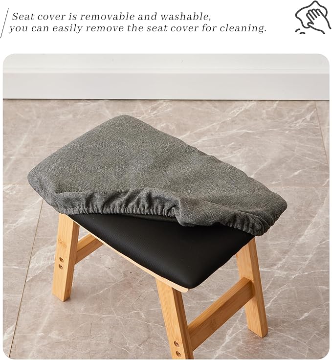 Foot Stool,Ottoman,Bamboo Small Sofa Foot Rest Under Desk,Extra Seating for Living Room, Bedroom and Kitchen (Natural Stool Legs - Gray Surface)