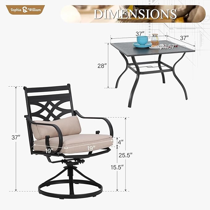 Sophia and William Swivel Patio Dining Set for 4, Outdoor Table and Chairs, Removable Seat Cushions, Black 37" Patio Dining Table