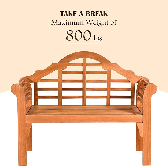 COSTWAY Folding Wooden Bench Outdoor, Crown-Like High Backrest, Patio Eucalyptus Wood Bench for Garden, Park & Porch