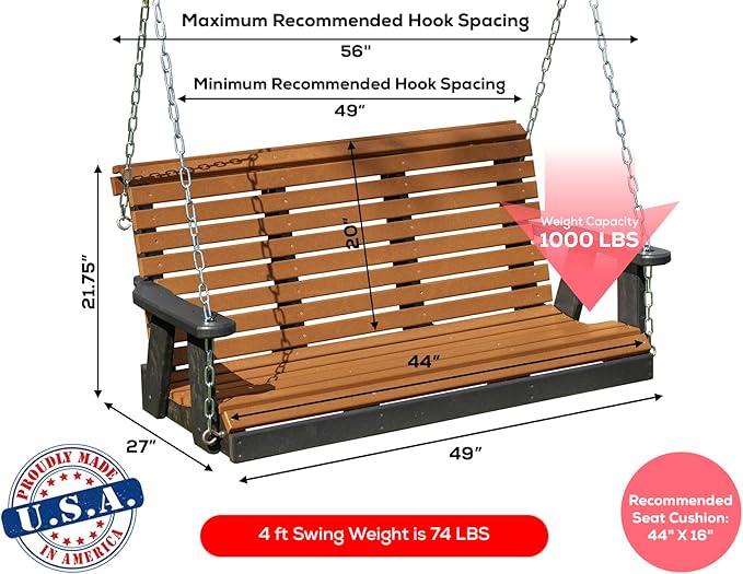 Poly Lumber Wood 4FT Porch Swing Amish Craftsmandship Made in USA HDPE with No wood fibers and 1000 lbs Limit. Stainless Steel Hardware.Signature Rollback design for Patio Outdoor Backyard Garden Park