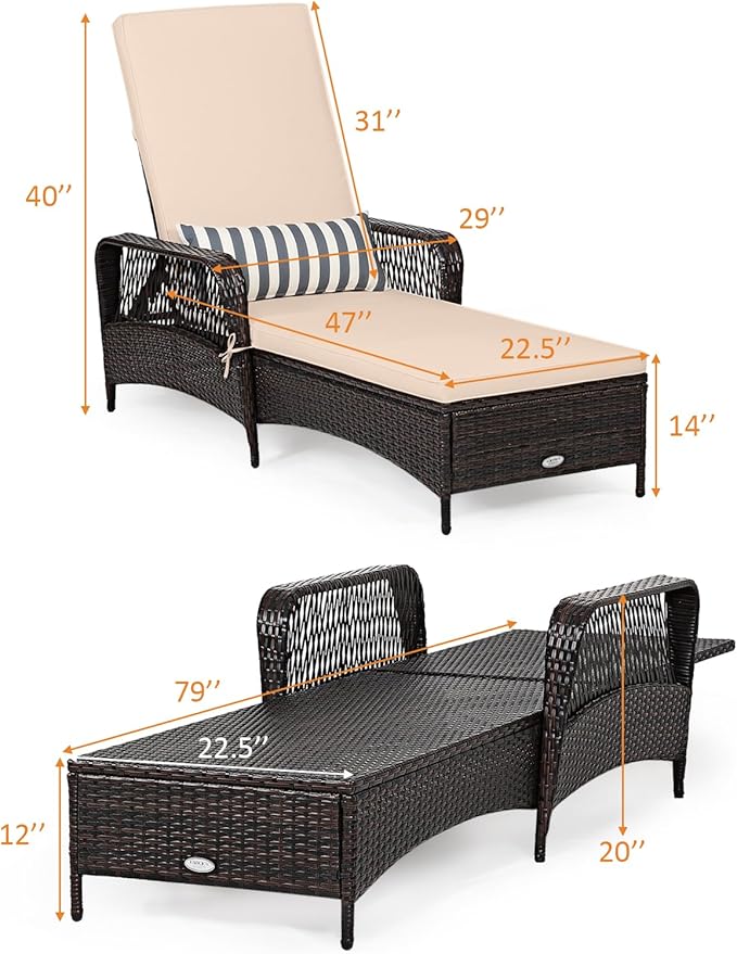 Tangkula Wicker Chaise Lounge Outdoor Set of 2, Patio Rattan Reclining Chaise with 6-Gear Adjustable Backrest, Thick Padded Cushion & Removable Lumbar Pillow, Pool Lounge Chairs for Outside Balcony