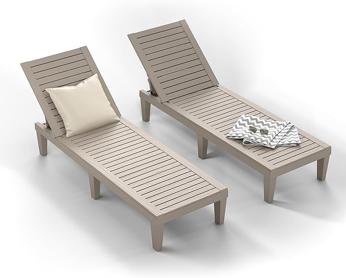 ROJIK Outdoor Chaise Lounge Chair Set of 2,with 5-Position Adjustable Backrest,Waterproof & Lightweight | Durable Indoor/Outdoor Patio Lounger Chair for Garden Pool Beach,Grey