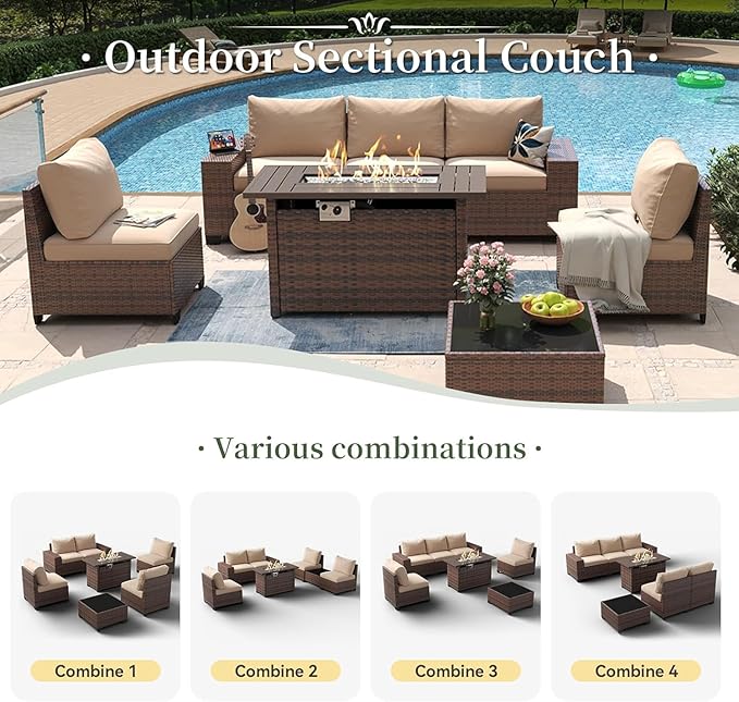 Aoxun 7 Piece Patio Furniture Set with Wide Armrests & 44” Fire Pit Table Wicker Rattan Outdoor Sectional Sofa Set with Coffee Table and Thick Cushion, Khaki (Waterproof Cover Included)