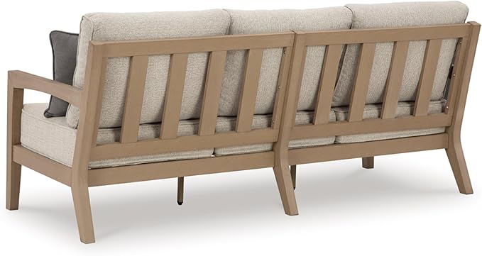 Signature Design by Ashley Hallow Creek Cottage Nuvella Weather Resistant Fabric Outdoor Sofa with Cushion and 4 Throw Pillows, Light Brown & Beige