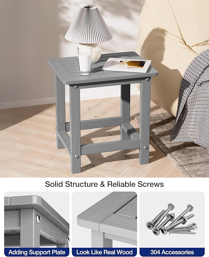 YEFU Outdoor Side Table for Patio: 16" HIPS Weather - Resistant Adirondack Tables - Waterproof Small Square End Tables for Backyard Pool Porch Balcony - Indoor Outdoor Durable Table Grey
