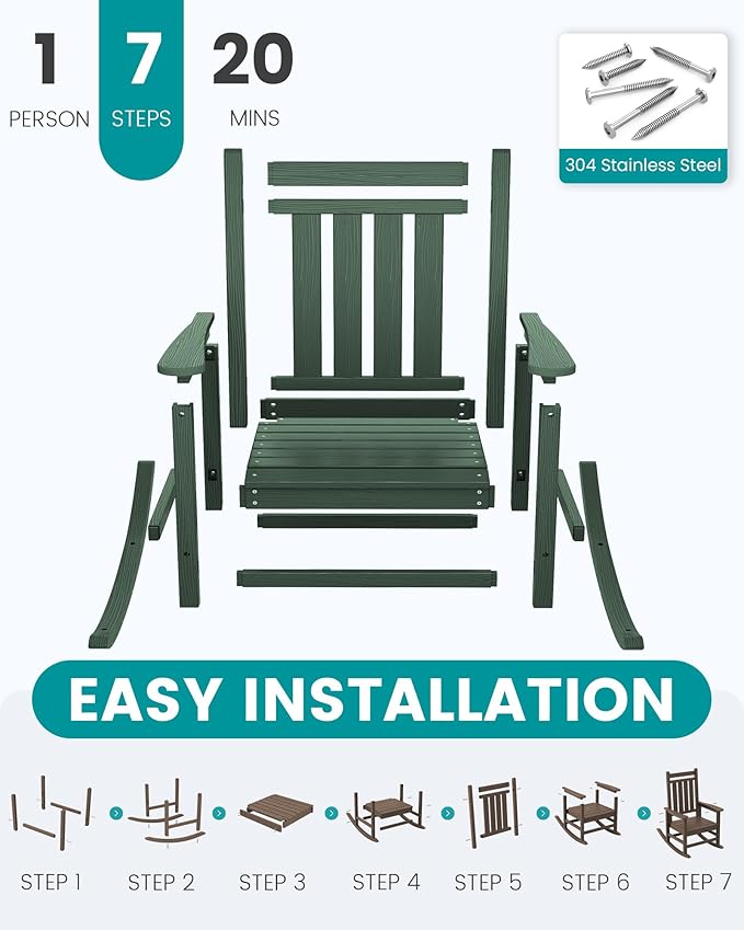 SERWALL HDPE Outdoor Rocking Chair Set of 6, Patio Rocking Chairs for Adults, All Weather Outdoor Rockers for Lawn, Green