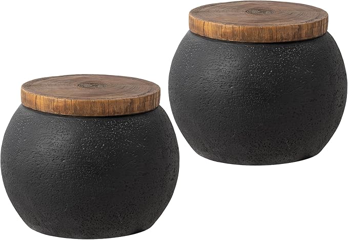 SUNBURY Outdoor Side Table Set of 2, 14" W Outdoor End Accent Side Table, Patio Decorative Garden Stool Wooden-Look Top for Livingroom, Garden, Backyard