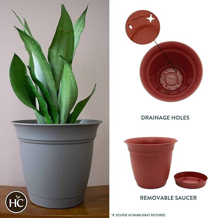 The HC Companies Eclipse Round Planter with Saucer - Outdoor & Indoor Plant Pot with Drainage Holes - Lightweight, UV-Resistant Plastic Pots for Plants, Flowers & Herbs (16" Clay, Pack of 1)