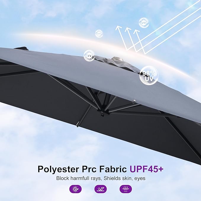 PURPLE LEAF 8' X 8' Patio Umbrella with Steel Plate Base for Pool 7' High Offset Outdoor Cantilever Umbrella Swimming Pool Umbrella with 360°Rotation for Poolside Grey