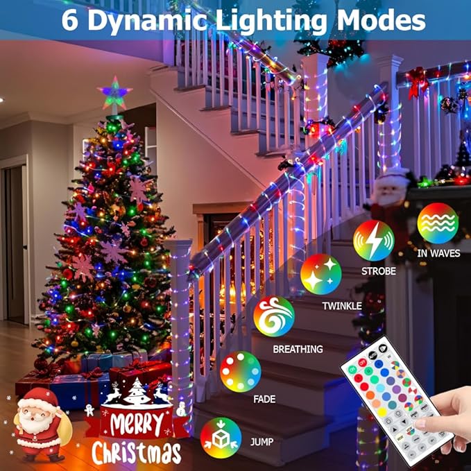 100ft Outdoor Rope Light, IP68 Waterproof 25 Color Changing String Lights with 149 Modes, Warm White & RGB LED Multicolor Twinkle Fairy Tube Lights for Indoor & Outside Railing, Balcony, Patio Decor