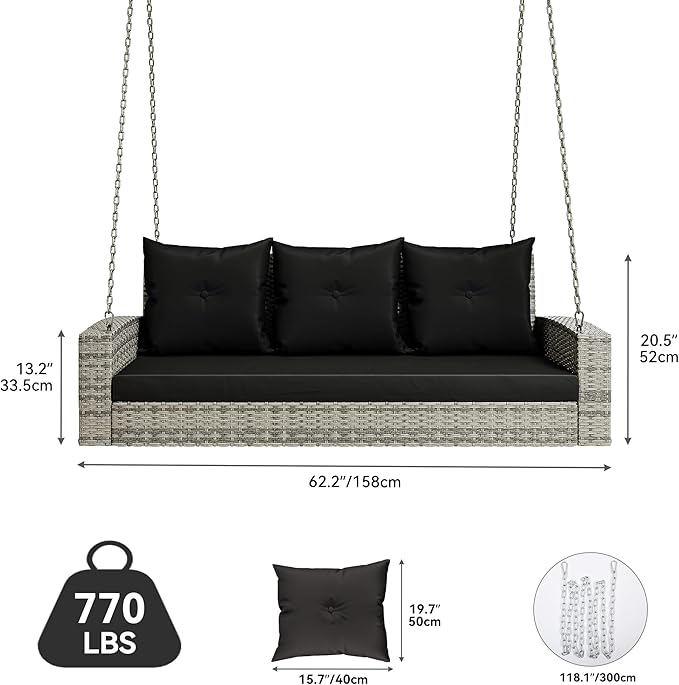 YITAHOME 3-Seats Outdoor Hanging Porch Swing Chair Rattan Black Wicker Patio Swing Chair with Swing Lounge 3 Black Back Cushions Capacity for Garden, Balcony, Courtyard, Gazebo, Porch