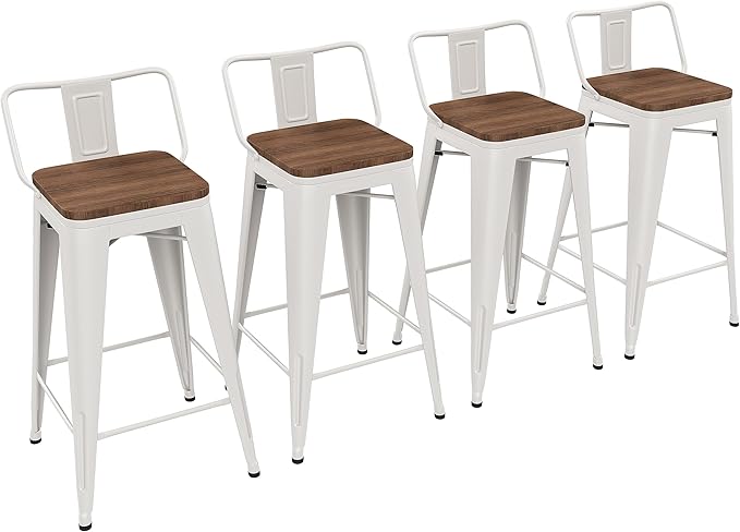 Yongchuang 24 inch Metal Bar Stools Set of 4 Counter Height Barstools Farmhouse Kitchen Bar Chairs with Wood Seat Low Back Cream White