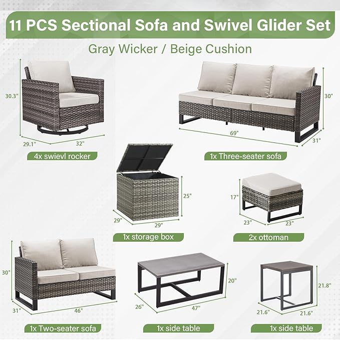 Belord Spacious 11 Pieces Patio Conversation Set - 5-Seater Outdoor Furniture Sectional Sets with Swivel Glider Chairs Set of 4 and Storage Box, Metal Top Coffee Table with Embedded Ottoman Gray