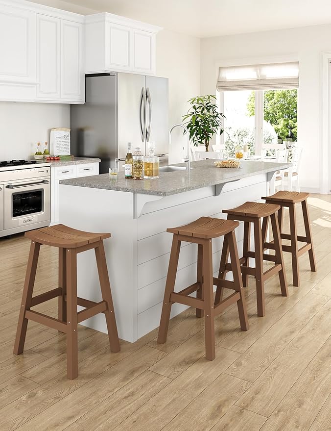 Weatherproof Bar Stools Set of 4, 28" Height Outdoor Bar Stools Holds up to 400 lbs, Saddle Seat, Bar Height Stools for Patio, Garden, and Kitchen Island, Teak
