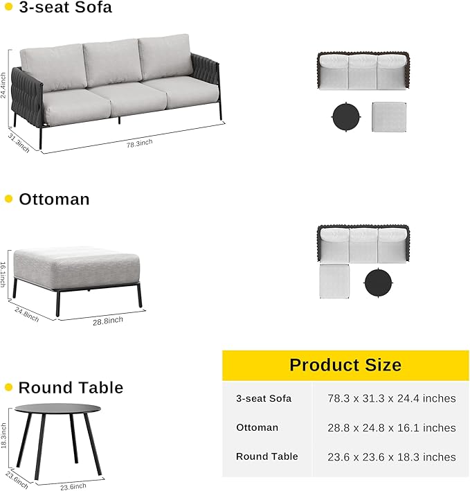 East Oak Patio Furniture Set, Outdoor Furniture Sectional Sofa Set with Round Coffee Table, 4 Seats Sofa Deep Seating with Thick and Washable Cushions, Earth Black & Misty Grey