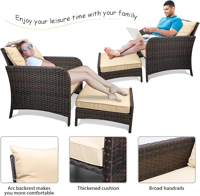 LEVELEVE Balcony Furniture 5 Piece Patio Conversation Set, PE Wicker Rattan Outdoor Lounge Chairs with Soft Cushions 2 Ottoman&Glass Table for Porch, Lawn-Brown Wicker