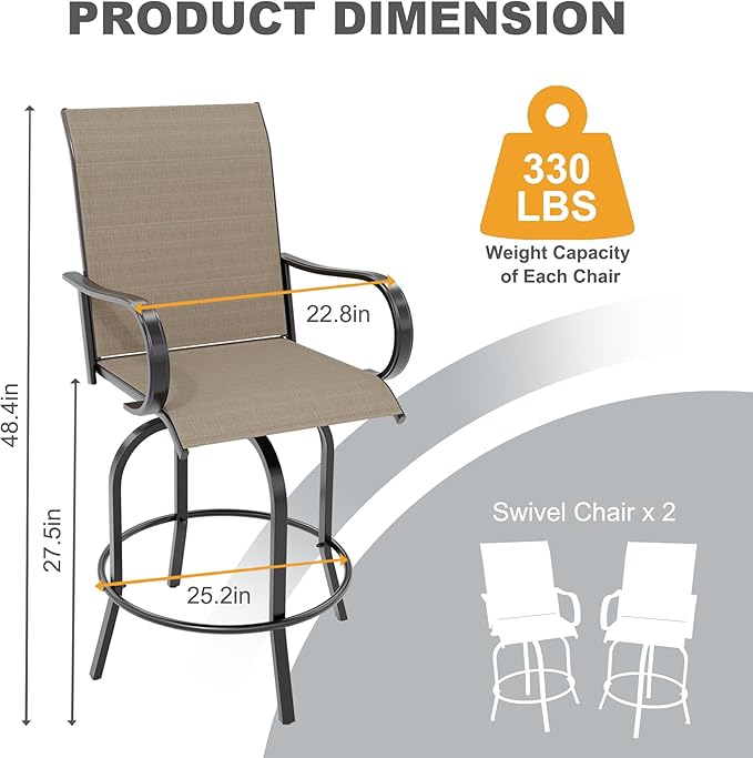 GarveeLife 4 Piece Outdoor Swivel Bar Chairs, Patio High Swivel Bar Stools, All Weather High Back and Armrest Patio Chairs, Outdoor Rotating BarChair Counter Height for Deck Lawn Garden Backyard