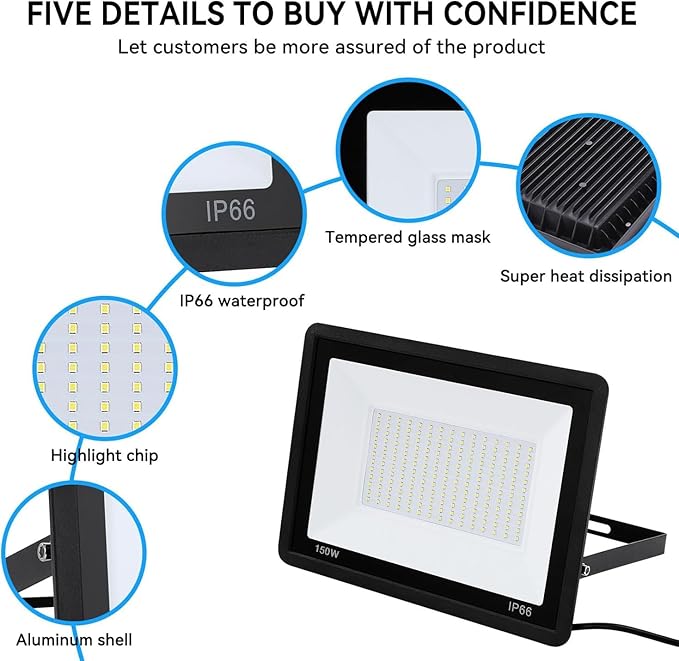 4Pack-150W LED Flood Light Outdoor,16500lm LED Work Light with 6FT US Plug,IP66 Waterproof Exterior Security Lights,6000K Daylight White Outside Floodlights Slim design for Playground Yard Stadium